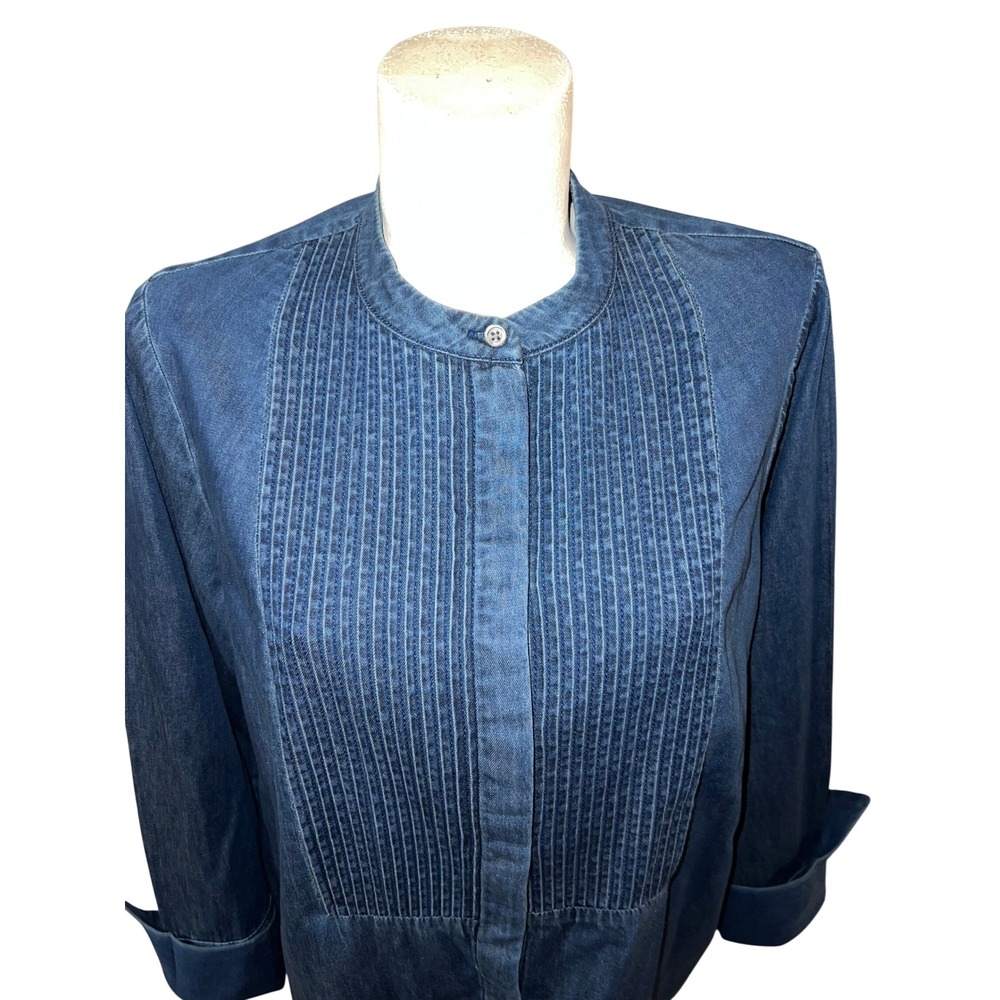 Banana Republic Top Size XL Dark Wash Denim Pleated Tuxedo Bib Shirt Band Collar - Picture 2 of 8